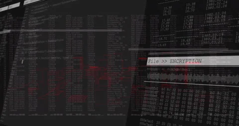 Cybersecurity interface displaying encryption banner, error logs, waveform Stock Footage 307434275