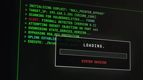 Cybersecurity interface with hacking process and computer code. Stock Footage 333911876