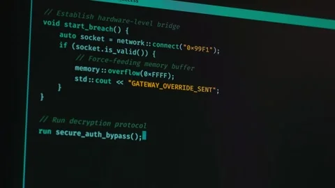 Cybersecurity interface with hacking process and computer code. Stock Footage 333911879
