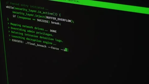 Cybersecurity interface with hacking process and computer code. Stock Footage 333911888