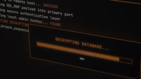 Cybersecurity interface with hacking process and computer code. Stock Footage 333911892