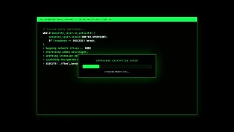 Cybersecurity interface with hacking process and computer code. Stock Footage 333911898