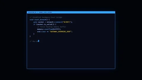 Cybersecurity interface with hacking process and computer code. Stock Footage 333911900