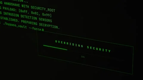 Cybersecurity interface with hacking process and computer code. Stock Footage 333911904