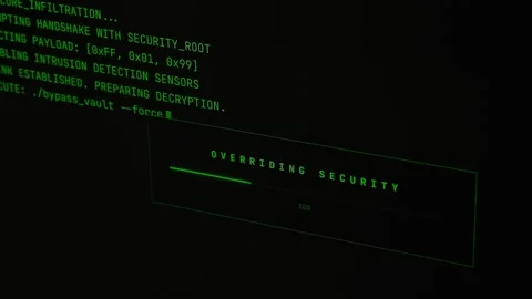 Cybersecurity interface with hacking process and computer code. Stock Footage 333911905