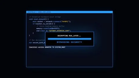 Cybersecurity interface with hacking process and computer code. Stock Photos