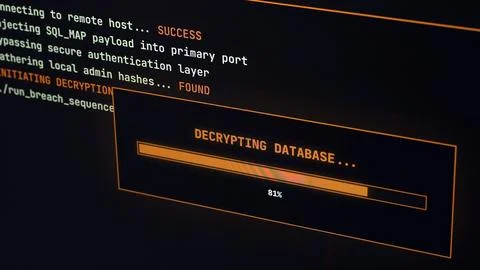 Cybersecurity interface with hacking process and computer code. Stock Photos