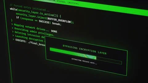 Cybersecurity interface with hacking process and computer code. Stock Photos