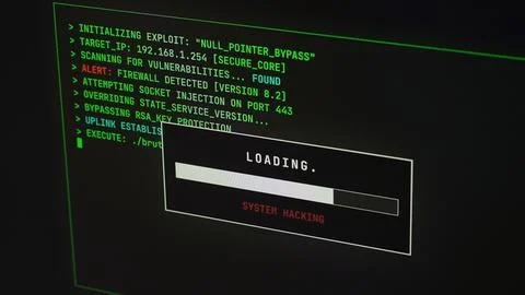 Cybersecurity interface with hacking process and computer code. Stock Photos