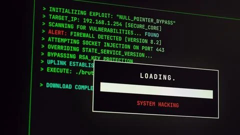 Cybersecurity interface with hacking process and computer code. Stock Photos