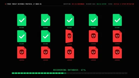Cybersecurity interface recovering encrypted database files from malware. 4K Stock Footage 346882302