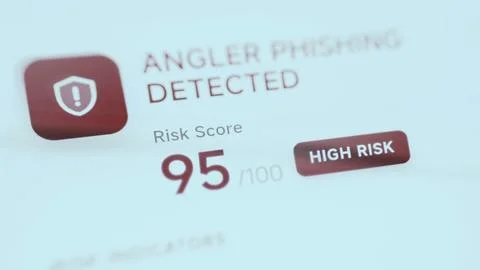 Cybersecurity interface reports angler phishing detected with a 95 out Foto stock