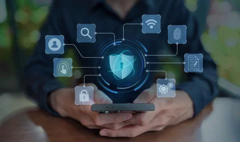 Cybersecurity Interface with Shield and Identity Icons Stock Photos