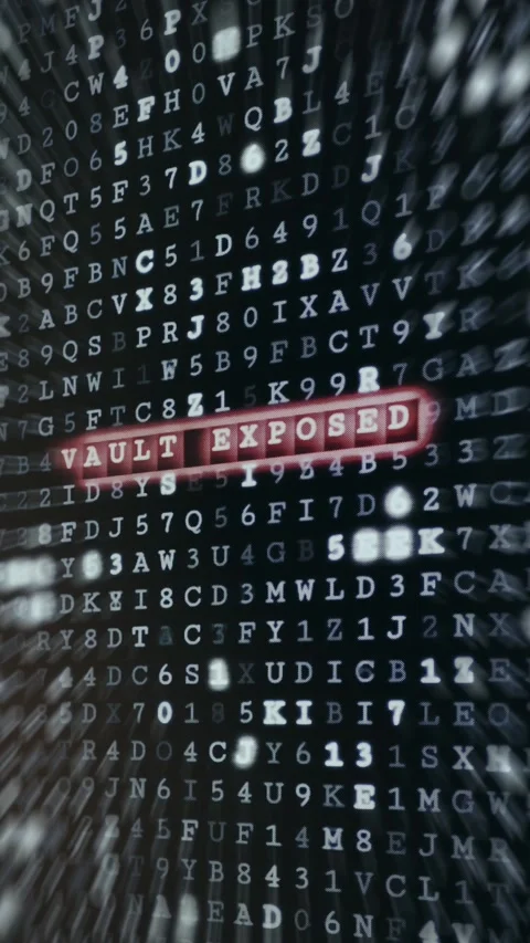 Cybersecurity interface showing alphanumeric code with VAULT EXPOSED text Stock Footage 335872522