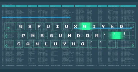 Cybersecurity interface showing neon green and white pixel tiles over code text, Stock-Footage 307431309