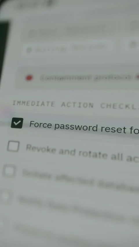 Cybersecurity interface shows a user selecting the Force Password Reset action Stock Footage 333822438