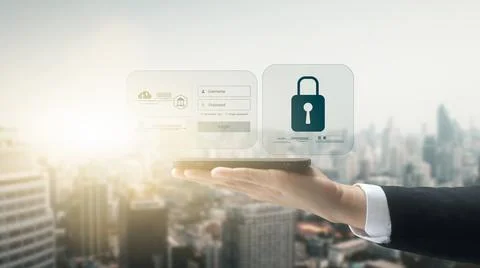 Cybersecurity internet and networking concept. Close up of hand holding smart Stock Photos