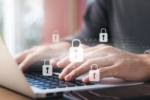 Cybersecurity internet and networking concept. Close up of hand holding smart Stock Photos
