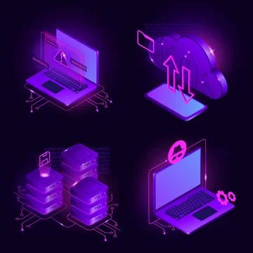 CyberSecurity Isometric Illustrations. Cloud Data Storage, Warning Concept Stock Illustration