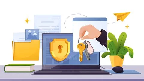 Cybersecurity key access concept scene. Vector illustration Stockillustratie