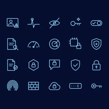Cybersecurity line icon set of 20 vector symbols with shield, padlock, key, Stock Illustration