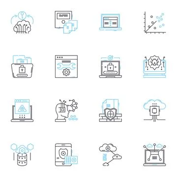 Cybersecurity linear icons set. Encryption, Firewall, Malware, Phishing, Nerk 스톡 일러스트