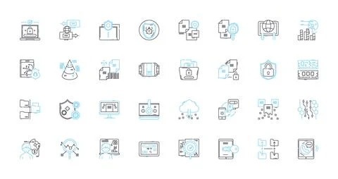 Cybersecurity linear icons set. Encryption, Firewall, Biometrics, Malware 스톡 일러스트