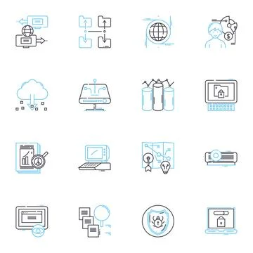 Cybersecurity linear icons set. Encryption, Firewall, Biometrics, Malware 스톡 일러스트