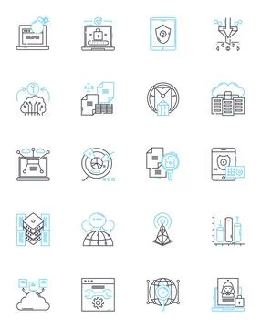 Cybersecurity linear icons set. Encryption, Firewall, Malware, Phishing, Nerk 스톡 일러스트