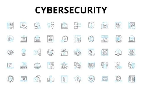 Cybersecurity linear icons set. Encryption, Firewall, Malware, Phishing, Hacking Stock Illustration