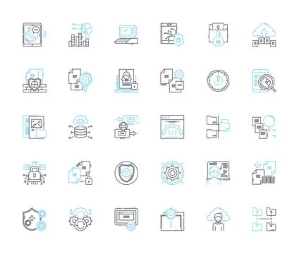 Cybersecurity linear icons set. Encryption, Firewall, Biometrics, Malware Stock Illustration