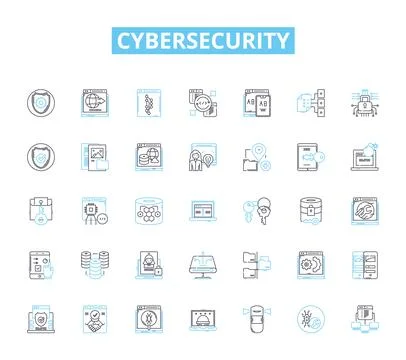 Cybersecurity linear icons set. Encryption, Firewall, Malware, Phishing, Hacking 스톡 일러스트