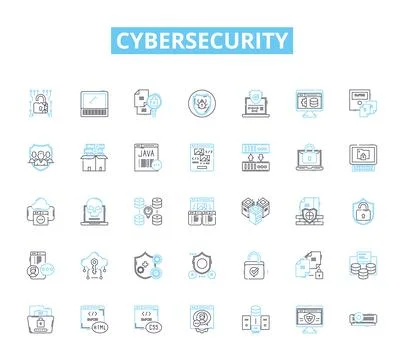 Cybersecurity linear icons set. Encryption, Firewall, Malware, Phishing, Hacking Stock Illustration