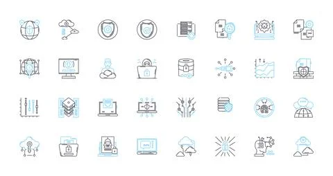 Cybersecurity linear icons set. Encryption, Firewall, Malware, Phishing, Nerk 스톡 일러스트