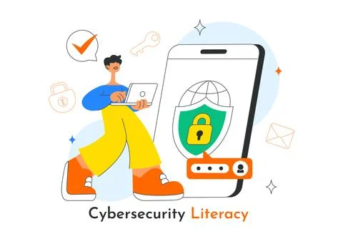 Cybersecurity Literacy Illustration Featuring Digital Data Protection With .. 스톡 일러스트