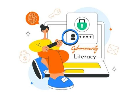 Cybersecurity Literacy Illustration Featuring Digital Data Protection With .. Stockillustratie