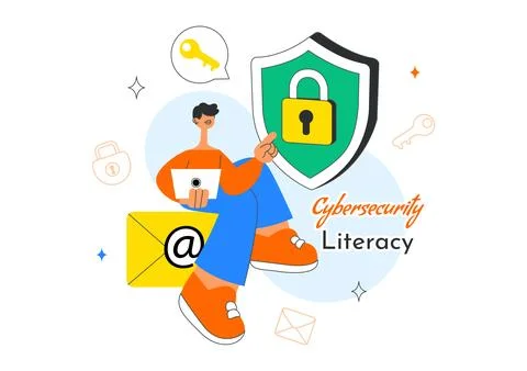 Cybersecurity Literacy Illustration Featuring Digital Data Protection With .. Stockillustratie