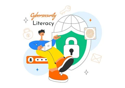 Cybersecurity Literacy Illustration Featuring Digital Data Protection With .. Stock Illustration