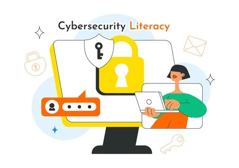 Cybersecurity Literacy Illustration Featuring Digital Data Protection With .. Stockillustratie