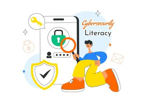 Cybersecurity Literacy Illustration Featuring Digital Data Protection With .. Stockillustratie