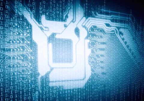 Cybersecurity Lock with Binary Code and Circuit Board Background Stock Illustration