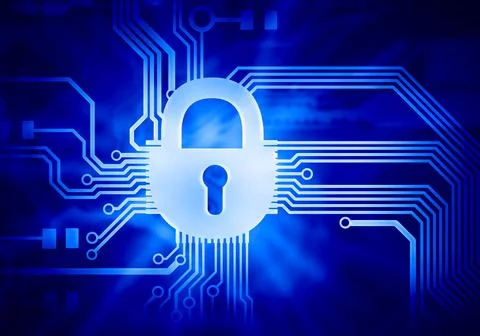 Cybersecurity Lock on Blue Digital Circuit Network Stock Illustration