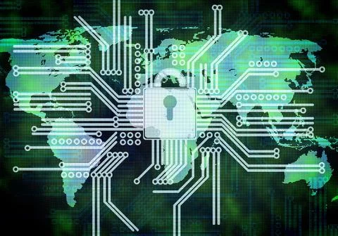 Cybersecurity Lock on Global Circuit Board Map Stock Illustration