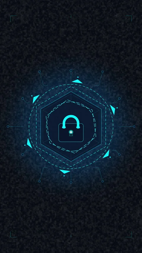 Cybersecurity lock icon animation with glowing digital HUD elements Stock Footage 347557508