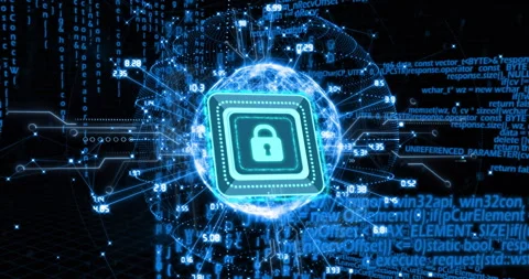 Cybersecurity lock icon with data processing animation over digital code Stock Footage 305431710