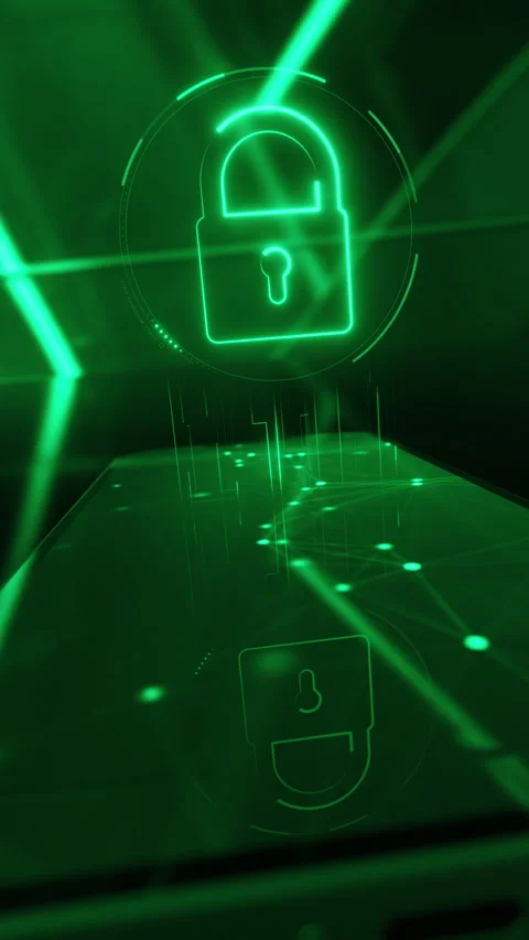 Cybersecurity lock icon hologram and smartphone. Data protection and privacy or Stock Footage 317240729