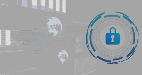 Cybersecurity lock icon image over global data network and charts Illustrazione stock