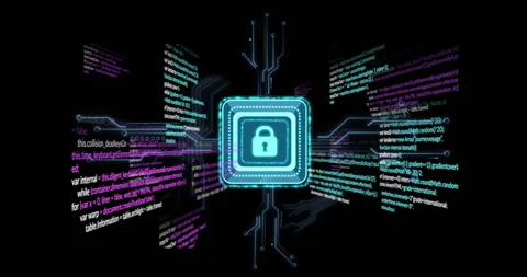 Cybersecurity lock icon over digital code and circuit board animation Stock Footage 306507884