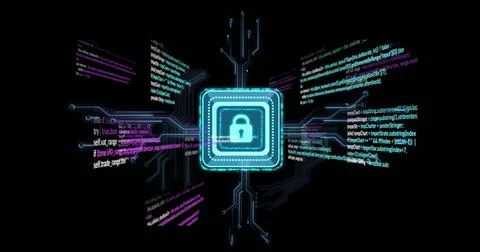 Cybersecurity lock icon over digital code and circuit board image 스톡 사진