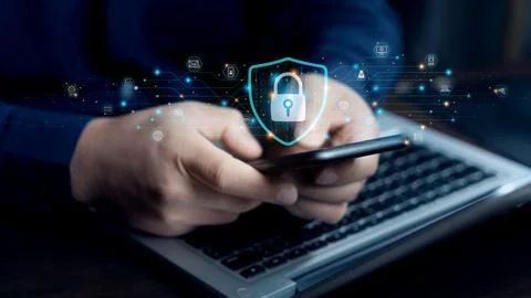 Cybersecurity lock key access and encryption secure access to user's person.. Stock Photos